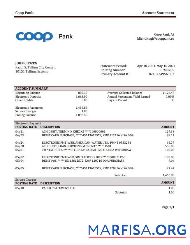 Downloadable Estonia Coop Pank bank statement word real example